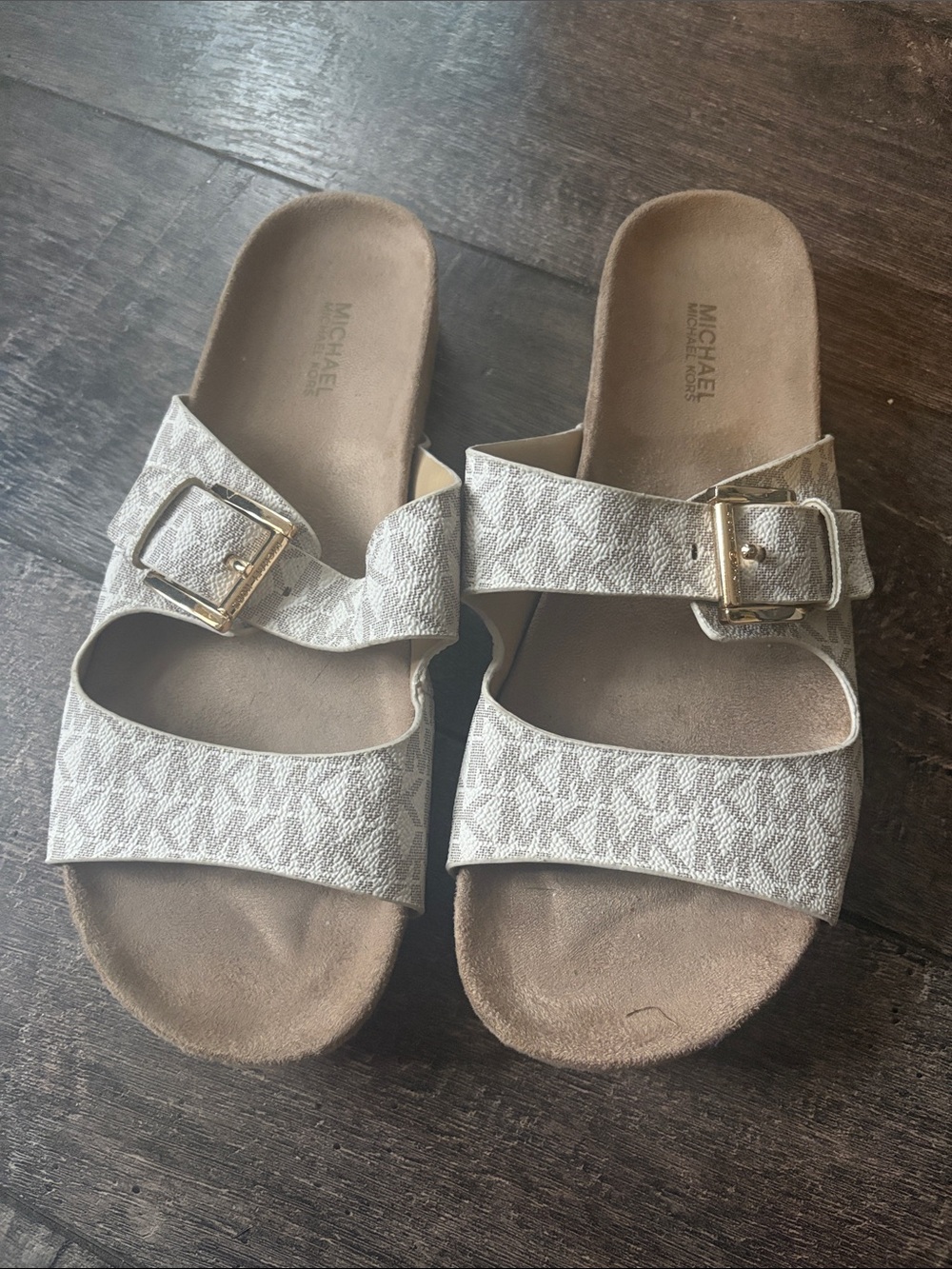 MICHAEL Michael Kors Silver Metallic Double-Strap Slide Sandals